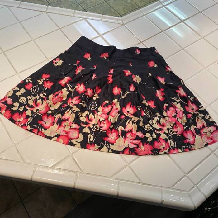 George Women's Size 12 Skater Skirt Black Pink Floral Print Cotton