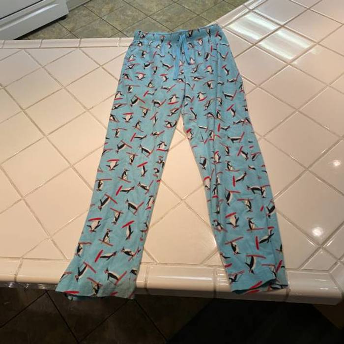 Sears Kmart Pajama Pants Sz S Blue Penguin Skiing Print Fleece Sleepwear