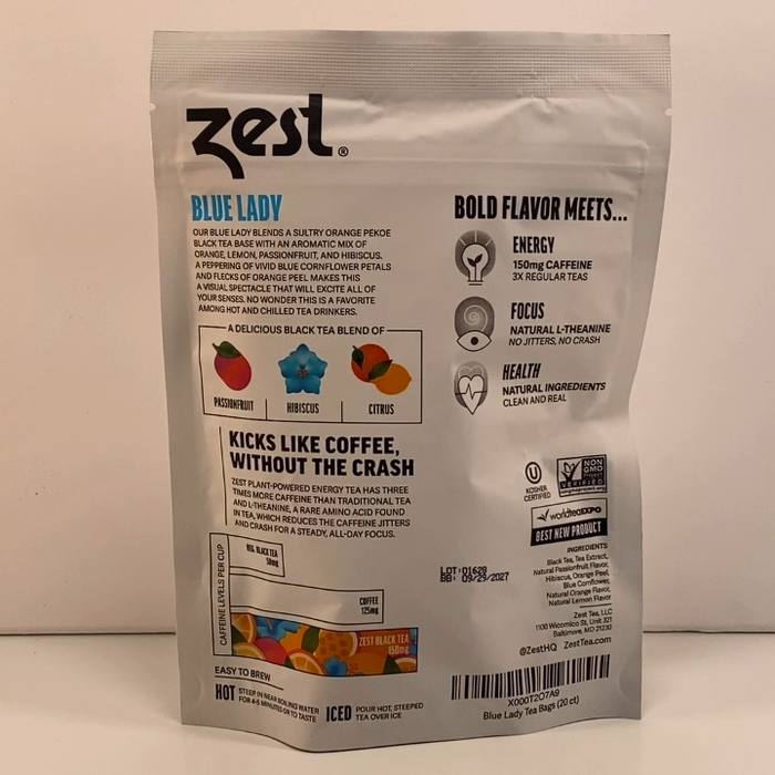 Zest Blue Lady Black Tea Passionfruit Citrus 20 Bags Energy Non-GMO