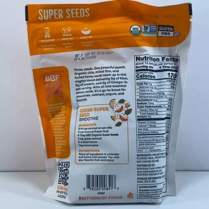 BetterBody Foods Organic Super Seeds Chia Flax Hemp 16 oz Gluten Free