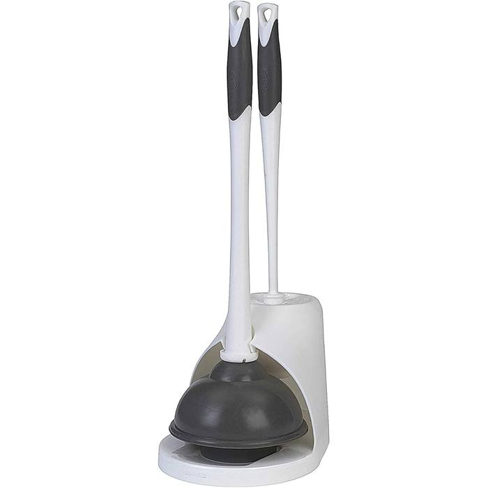 Clorox Toilet Plunger and Brush Set with Holder Caddy White Gray New