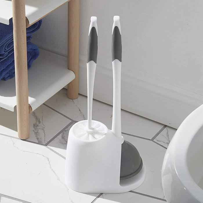 Clorox Toilet Plunger and Brush Set with Holder Caddy White Gray New