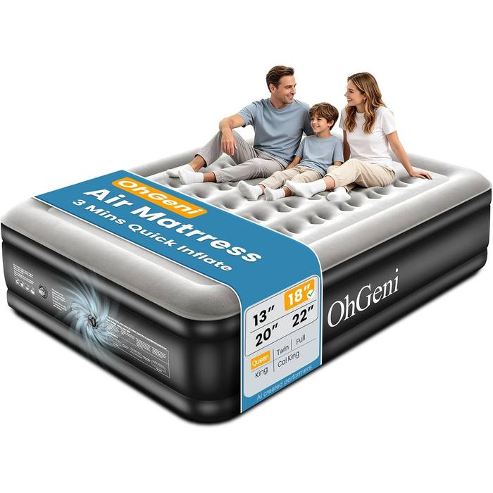 OhGeni Queen Air Mattress 18" Built-in Pump 800lb Inflatable Bed