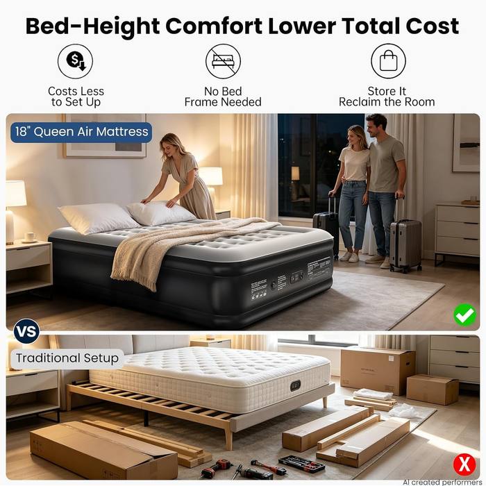 OhGeni Queen Air Mattress 18" Built-in Pump 800lb Inflatable Bed
