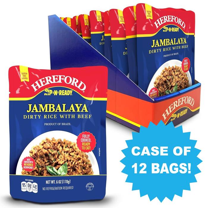 Hereford Rip-N-Ready Jambalaya Dirty Rice Beef 6oz Case of 12 Fully Cooked