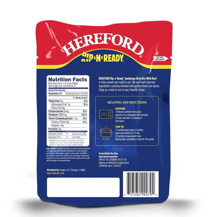Hereford Rip-N-Ready Jambalaya Dirty Rice Beef 6oz Case of 12 Fully Cooked