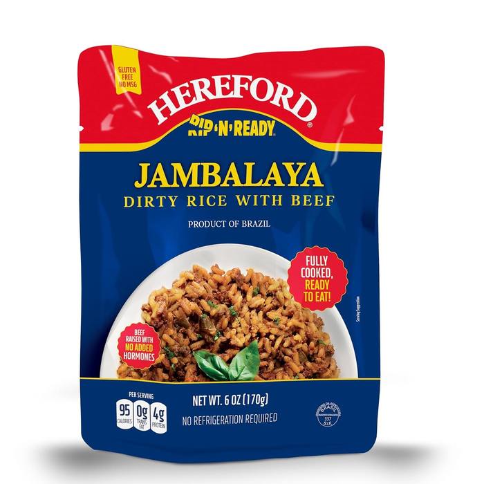Hereford Rip-N-Ready Jambalaya Dirty Rice Beef 6oz Case of 12 Fully Cooked