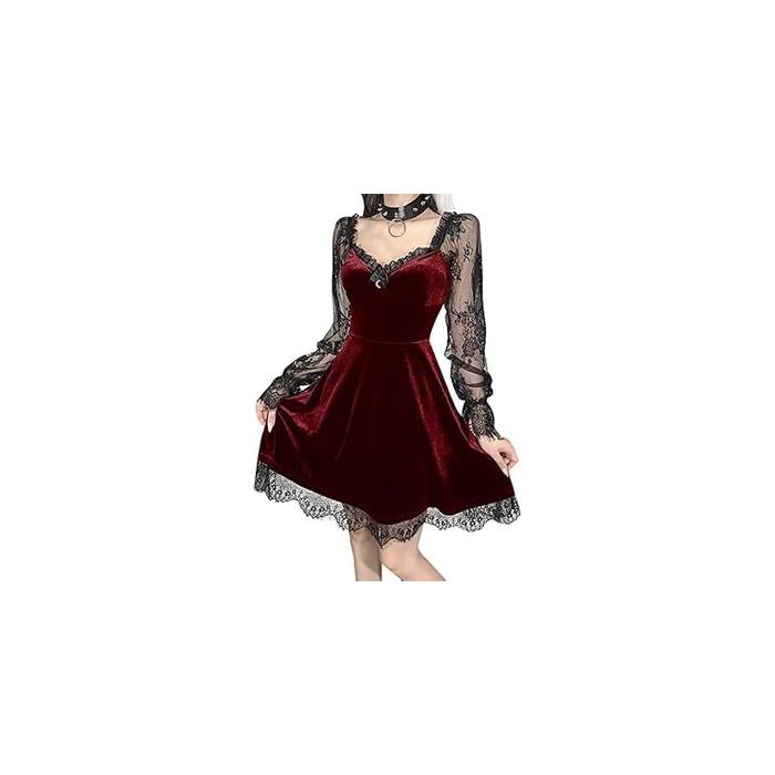 Byvheh Women's XL Gothic Velvet Dress Moon Pendant Lace Sleeve Burgundy