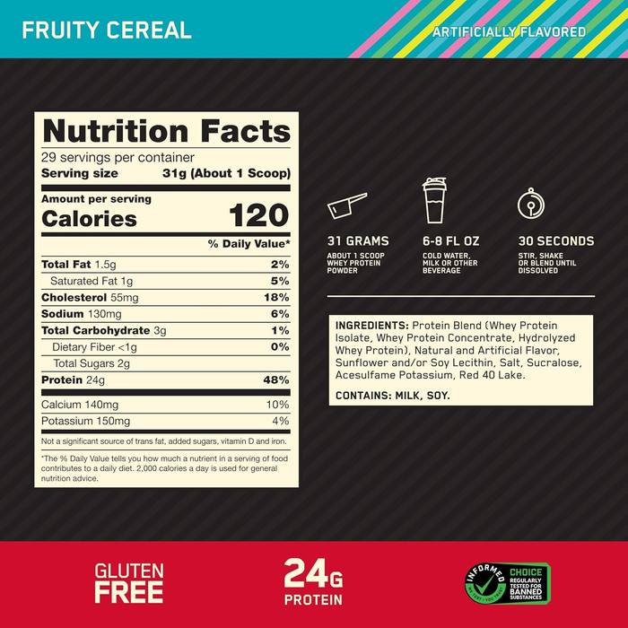 Optimum Nutrition Gold Standard 100% Whey Protein Fruity Cereal 2LB 29 Serv